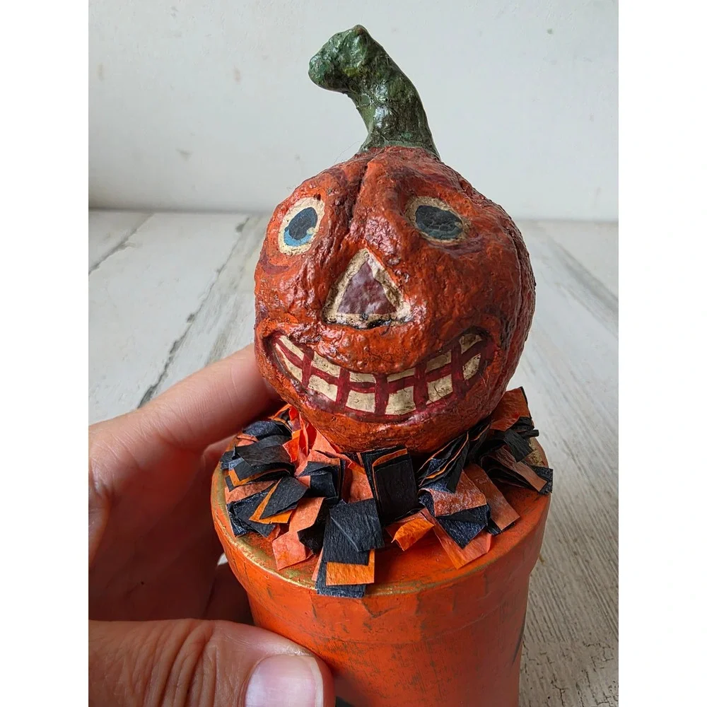 Vintage folk art pumpkin canister bat Halloween statue figurine paper decor